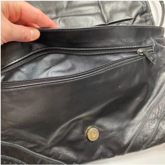 Vintage 70s Leather & Snakeskin Envelope Handbag Black Perforated Velvet Lined - Picture 10 of 14